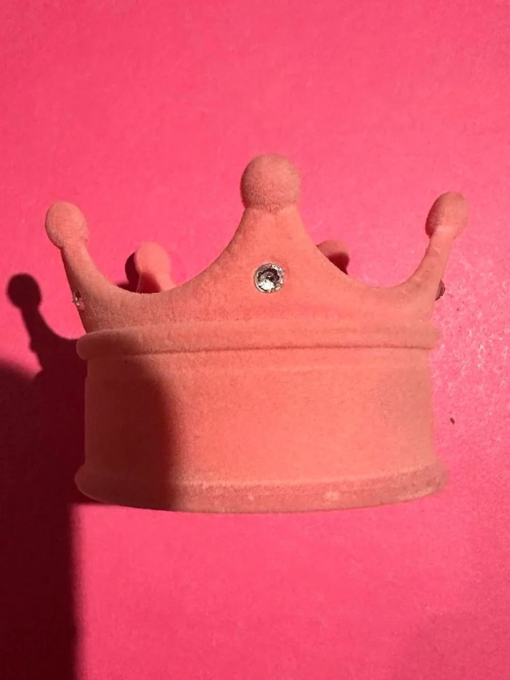 Velvet pink rhinestone crown jewelry ring box.